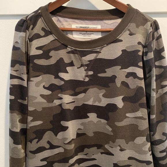 The Sweatshirt Project Sweatshirt Women Large Camo Green Puff Sleeve Waist Tie - Picture 3 of 12